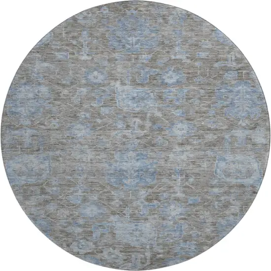 8' X 8' Gray And Blue Floral Washable Round Rug With UV Protection Photo 1
