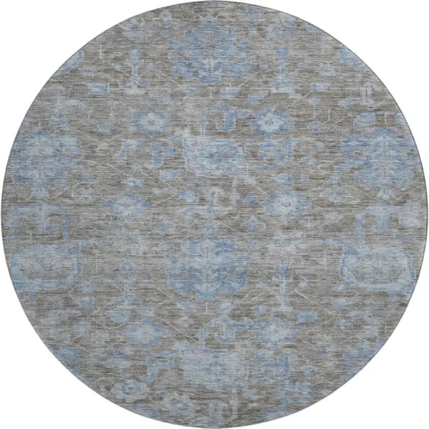 8' X 8' Gray And Blue Floral Washable Round Rug With UV Protection Photo 1