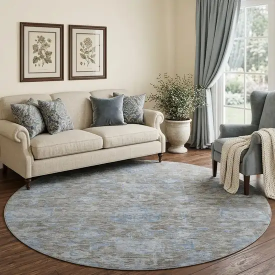 8' X 8' Gray And Blue Floral Washable Round Rug With UV Protection Photo 1