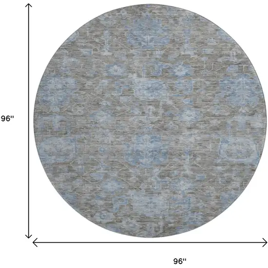 8' X 8' Gray And Blue Floral Washable Round Rug With UV Protection Photo 9