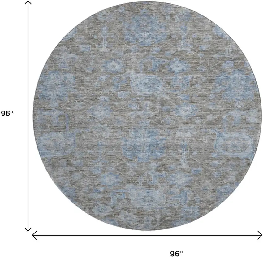 8' X 8' Gray And Blue Floral Washable Round Rug With UV Protection Photo 9