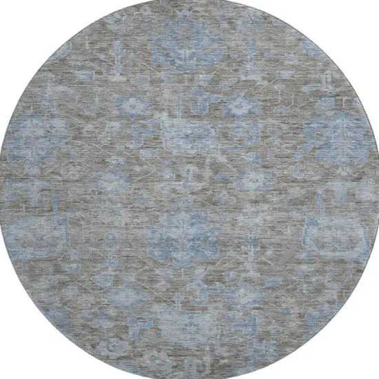 8' X 8' Gray And Blue Floral Washable Round Rug With UV Protection Photo 3