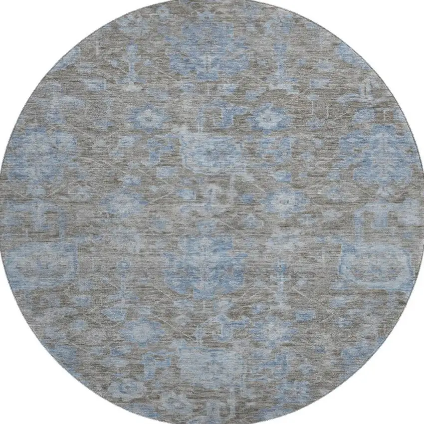 8' X 8' Gray And Blue Floral Washable Round Rug With UV Protection Photo 3