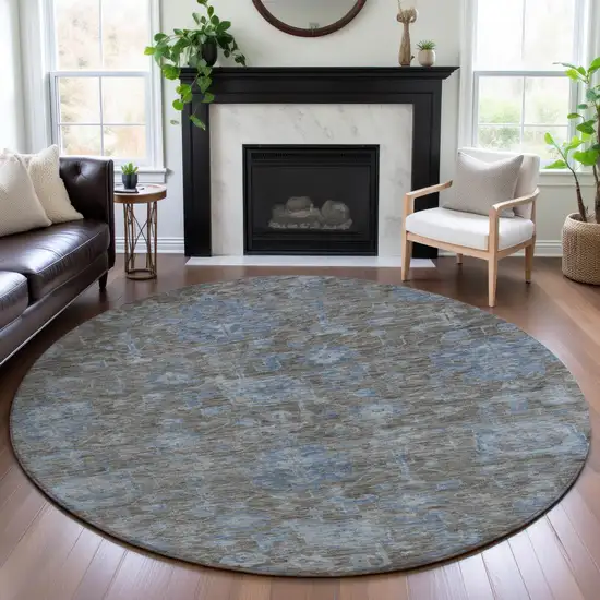 8' X 8' Gray And Blue Floral Washable Round Rug With UV Protection Photo 4