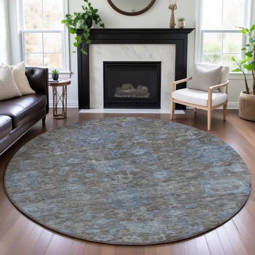 8' X 8' Gray And Blue Floral Washable Round Rug With UV Protection Photo 4