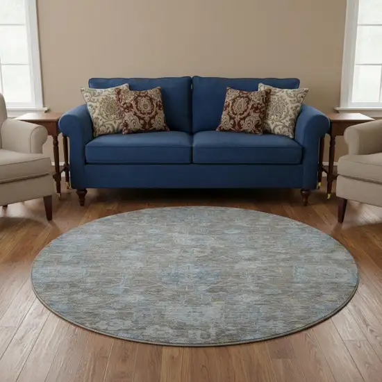 8' X 8' Gray And Blue Floral Washable Round Rug With UV Protection Photo 2