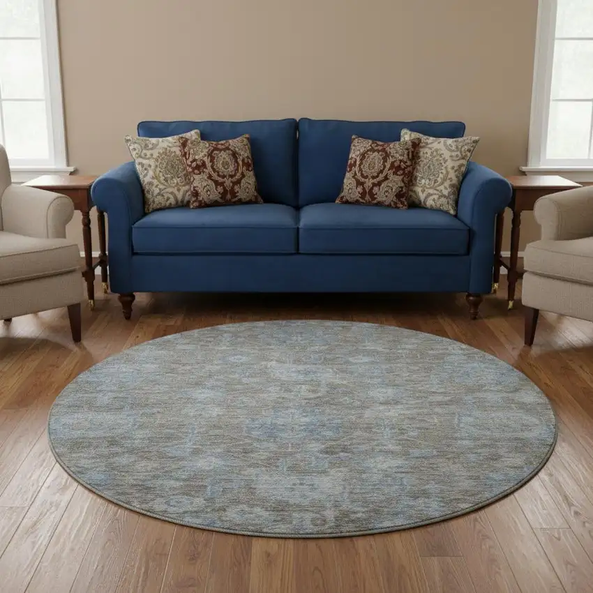 8' X 8' Gray And Blue Floral Washable Round Rug With UV Protection Photo 2