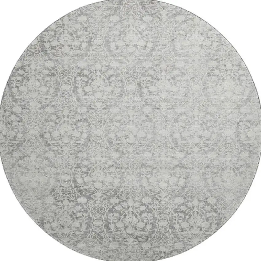 8' X 8' Gray And Ivory Damask Washable Round Rug With UV Protection Photo 3