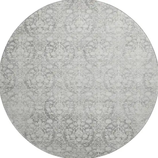 8' X 8' Gray And Ivory Damask Washable Round Rug With UV Protection Photo 3