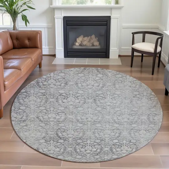 8' X 8' Gray And Ivory Damask Washable Round Rug With UV Protection Photo 4