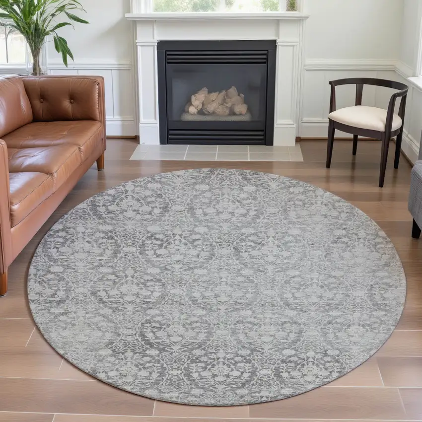8' X 8' Gray And Ivory Damask Washable Round Rug With UV Protection Photo 4