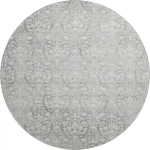 Photo of 8' X 8' Gray And Ivory Damask Washable Round Rug With UV Protection