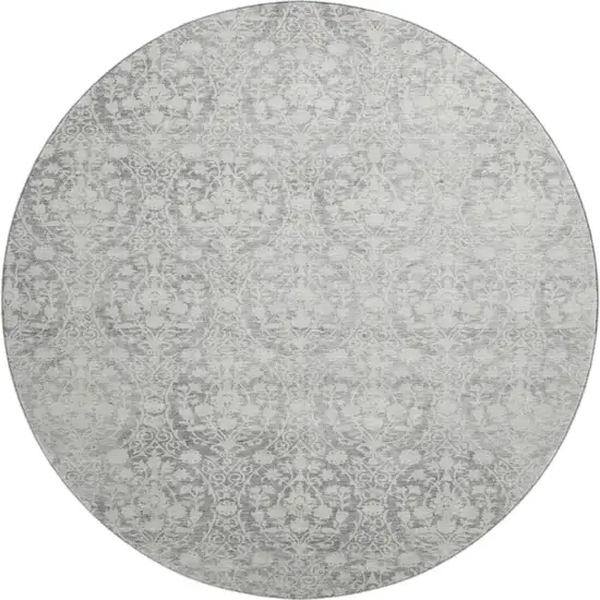 8' X 8' Gray And Ivory Damask Washable Round Rug With UV Protection Photo 1