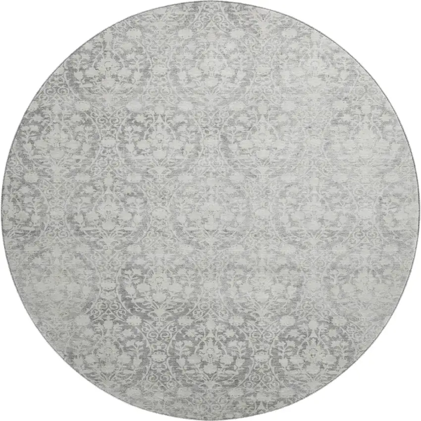 8' X 8' Gray And Ivory Damask Washable Round Rug With UV Protection Photo 1