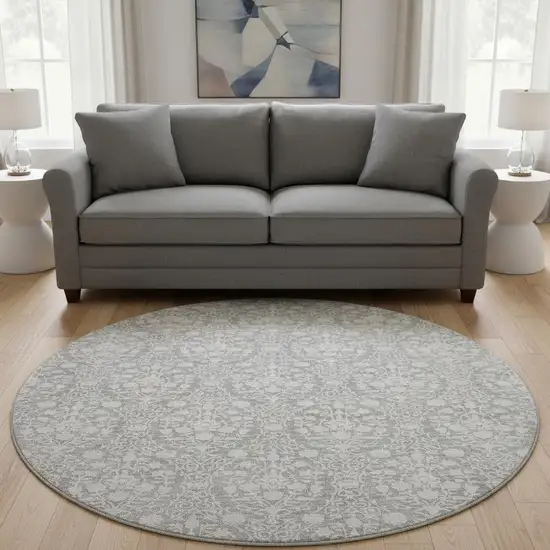 8' X 8' Gray And Ivory Damask Washable Round Rug With UV Protection Photo 2