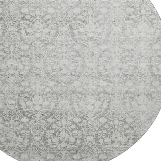 8' X 8' Gray And Ivory Damask Washable Round Rug With UV Protection Photo 2