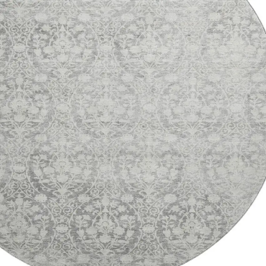 8' X 8' Gray And Ivory Damask Washable Round Rug With UV Protection Photo 2