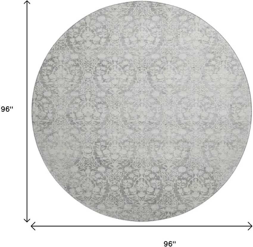 8' X 8' Gray And Ivory Damask Washable Round Rug With UV Protection Photo 9