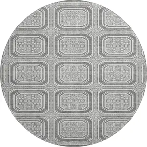 Photo of 8' X 8' Gray And Ivory Geometric Washable Round Rug With UV Protection