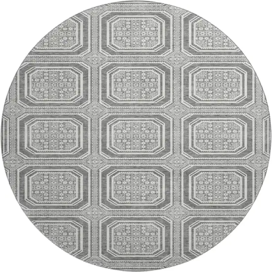 8' X 8' Gray And Ivory Geometric Washable Round Rug With UV Protection Photo 1