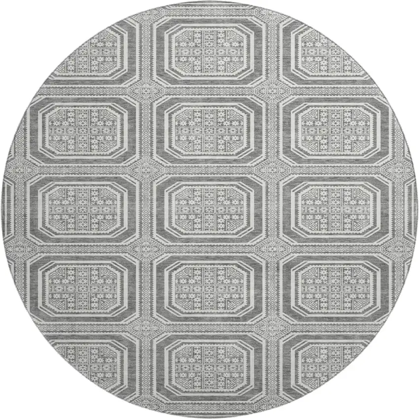 8' X 8' Gray And Ivory Geometric Washable Round Rug With UV Protection Photo 1