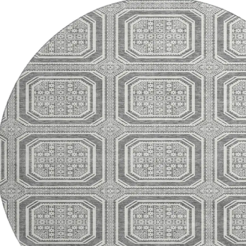 8' X 8' Gray And Ivory Geometric Washable Round Rug With UV Protection Photo 2