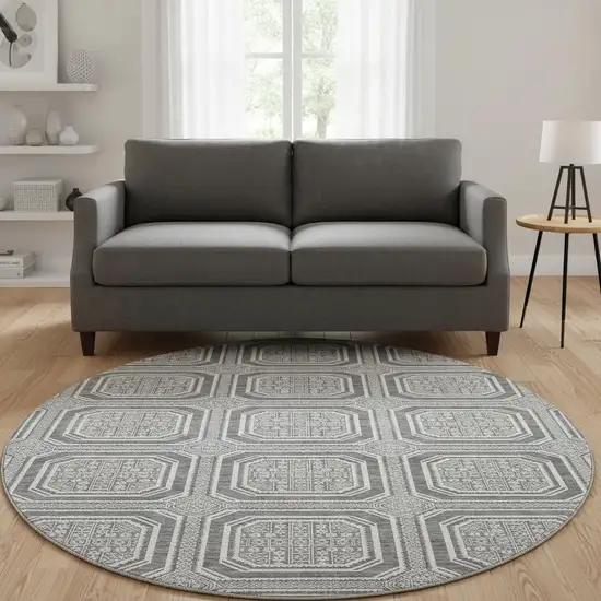 8' X 8' Gray And Ivory Geometric Washable Round Rug With UV Protection Photo 2