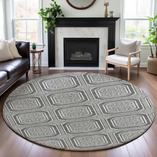 8' X 8' Gray And Ivory Geometric Washable Round Rug With UV Protection Photo 4