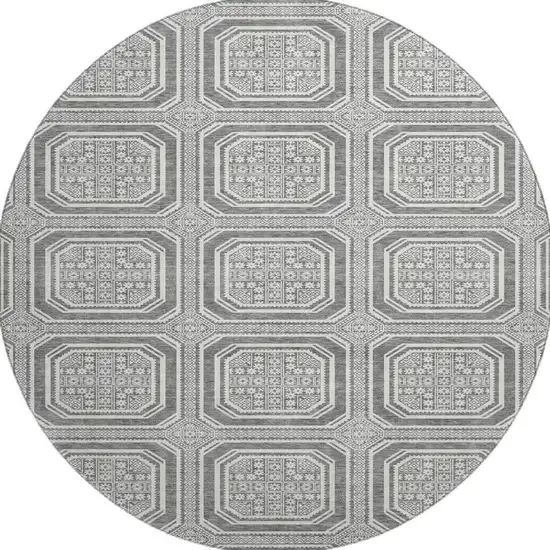 8' X 8' Gray And Ivory Geometric Washable Round Rug With UV Protection Photo 3