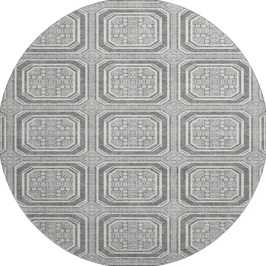 8' X 8' Gray And Ivory Geometric Washable Round Rug With UV Protection Photo 3