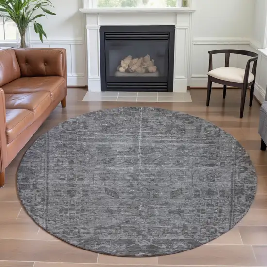 8' X 8' Gray And Silver Oriental Washable Round Rug With UV Protection Photo 4