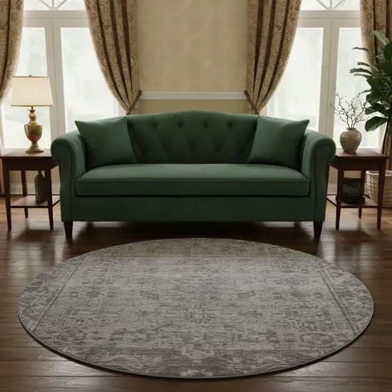 8' X 8' Gray And Silver Oriental Washable Round Rug With UV Protection Photo 2