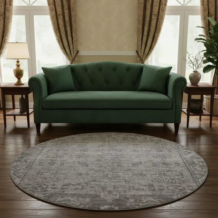 8' X 8' Gray And Silver Oriental Washable Round Rug With UV Protection Photo 2