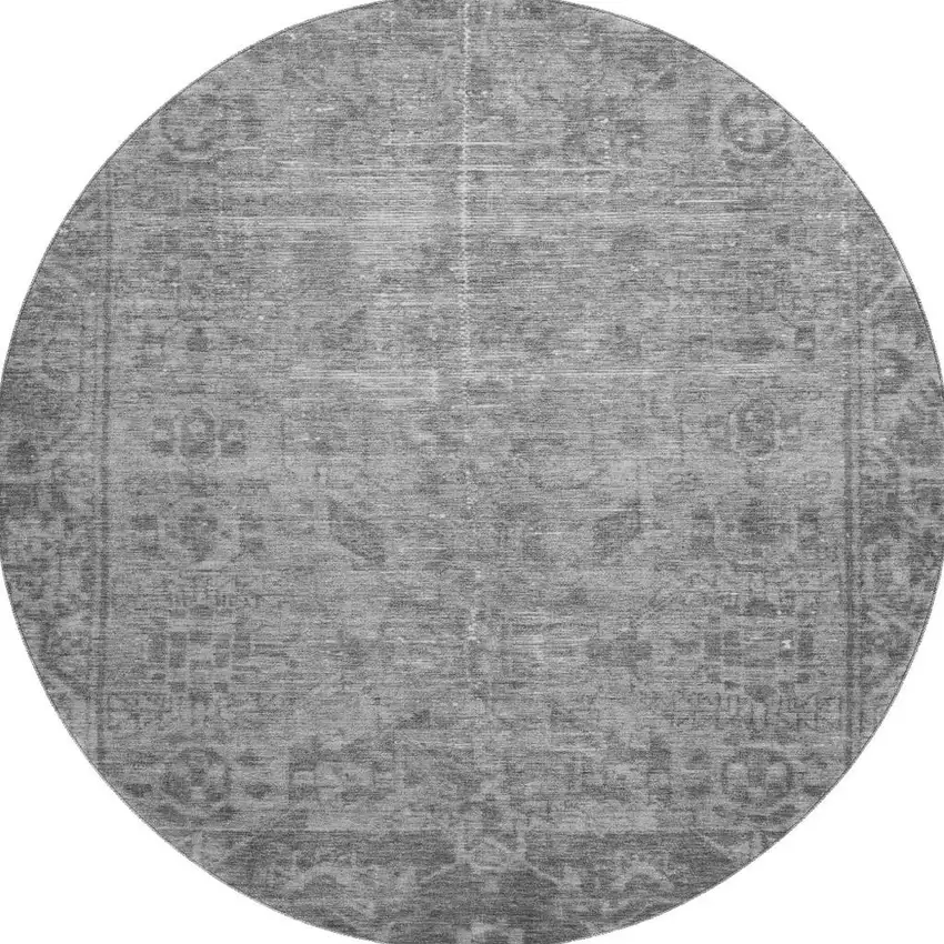 8' X 8' Gray And Silver Oriental Washable Round Rug With UV Protection Photo 2