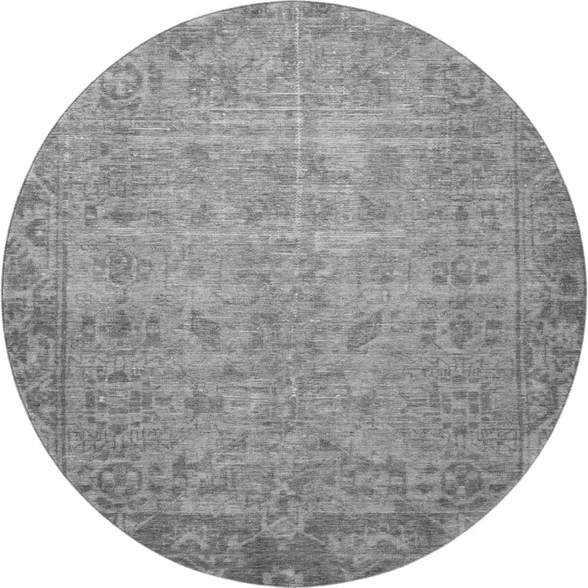 8' X 8' Gray And Silver Oriental Washable Round Rug With UV Protection Photo 3