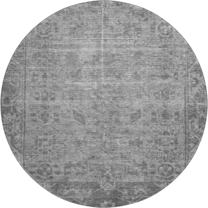 8' X 8' Gray And Silver Oriental Washable Round Rug With UV Protection Photo 1