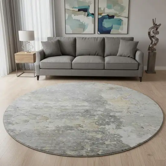 8' X 8' Gray Beige And Tan Abstract Washable Round Rug With UV Protection Photo 2