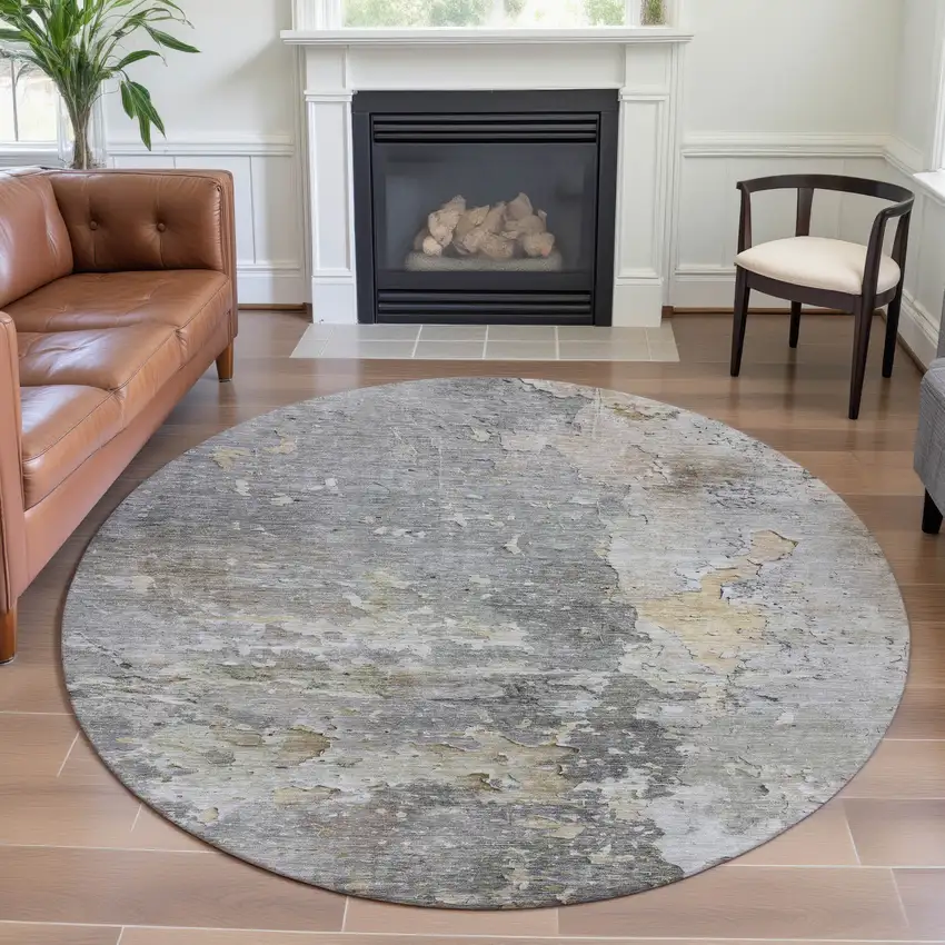 8' X 8' Gray Beige And Tan Abstract Washable Round Rug With UV Protection Photo 4