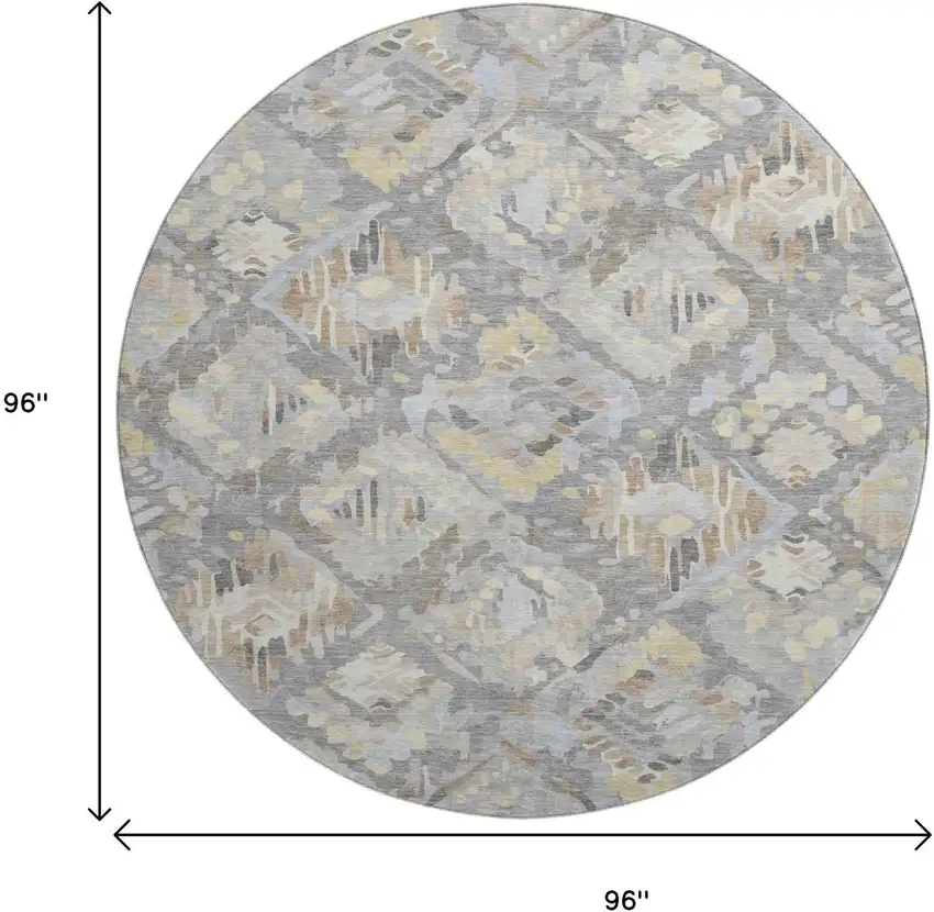 8' X 8' Gray Beige And Tan Geometric Washable Round Rug With UV Protection Photo 9