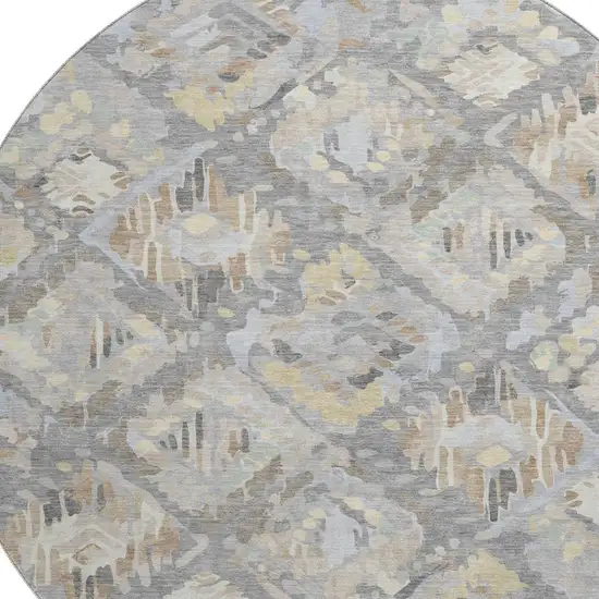8' X 8' Gray Beige And Tan Geometric Washable Round Rug With UV Protection Photo 2