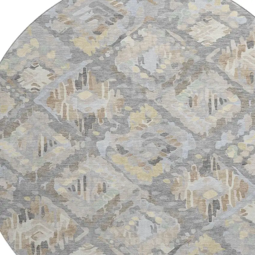 8' X 8' Gray Beige And Tan Geometric Washable Round Rug With UV Protection Photo 2