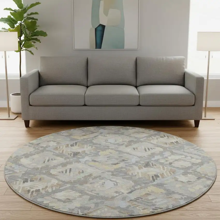 8' X 8' Gray Beige And Tan Geometric Washable Round Rug With UV Protection Photo 2