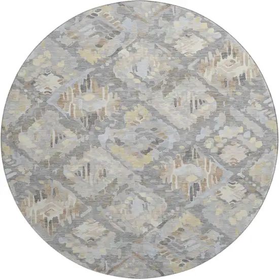 8' X 8' Gray Beige And Tan Geometric Washable Round Rug With UV Protection Photo 1
