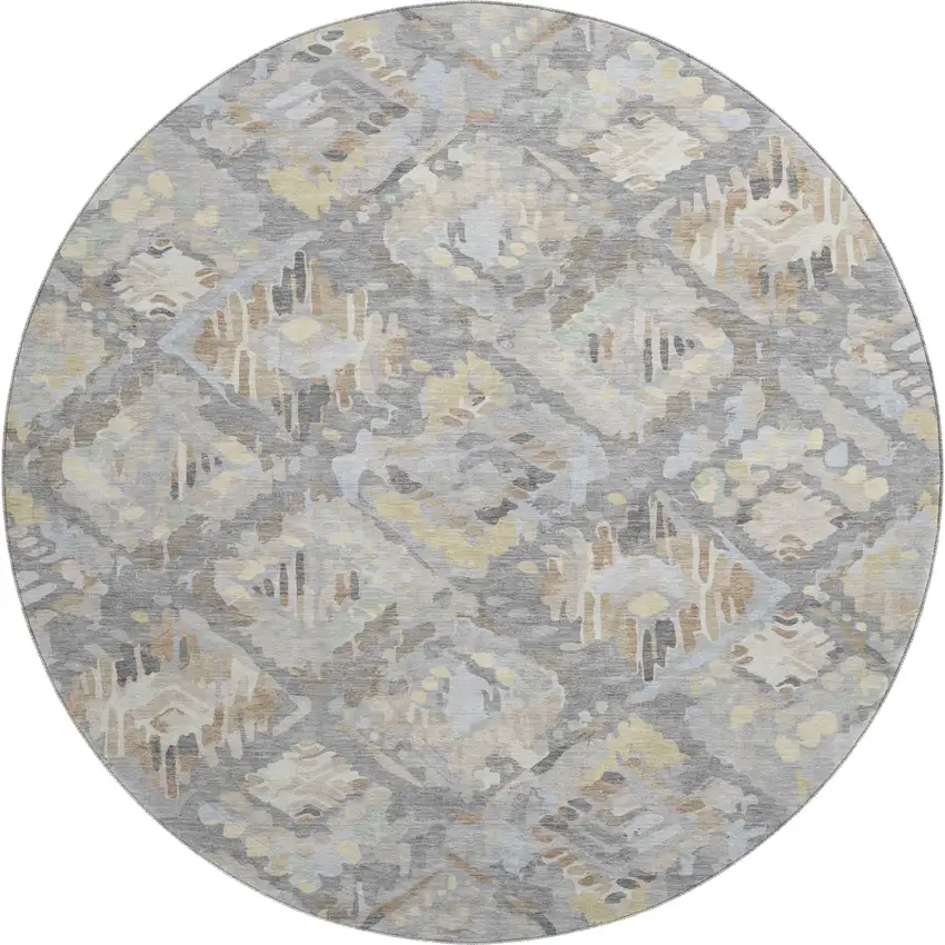 8' X 8' Gray Beige And Tan Geometric Washable Round Rug With UV Protection Photo 1