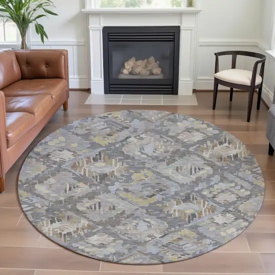 8' X 8' Gray Beige And Tan Geometric Washable Round Rug With UV Protection Photo 4