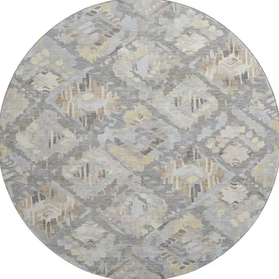 8' X 8' Gray Beige And Tan Geometric Washable Round Rug With UV Protection Photo 3