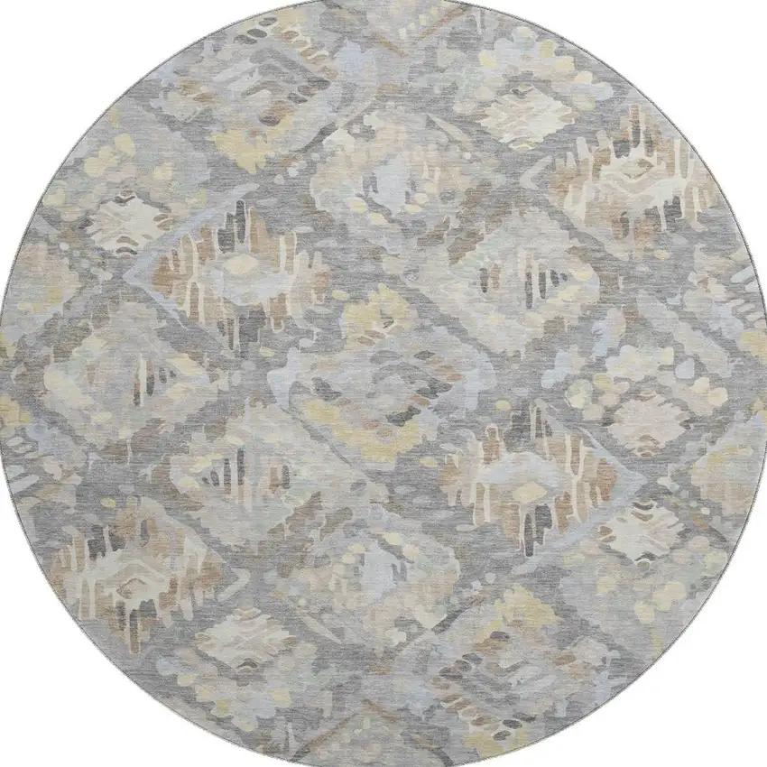 8' X 8' Gray Beige And Tan Geometric Washable Round Rug With UV Protection Photo 3