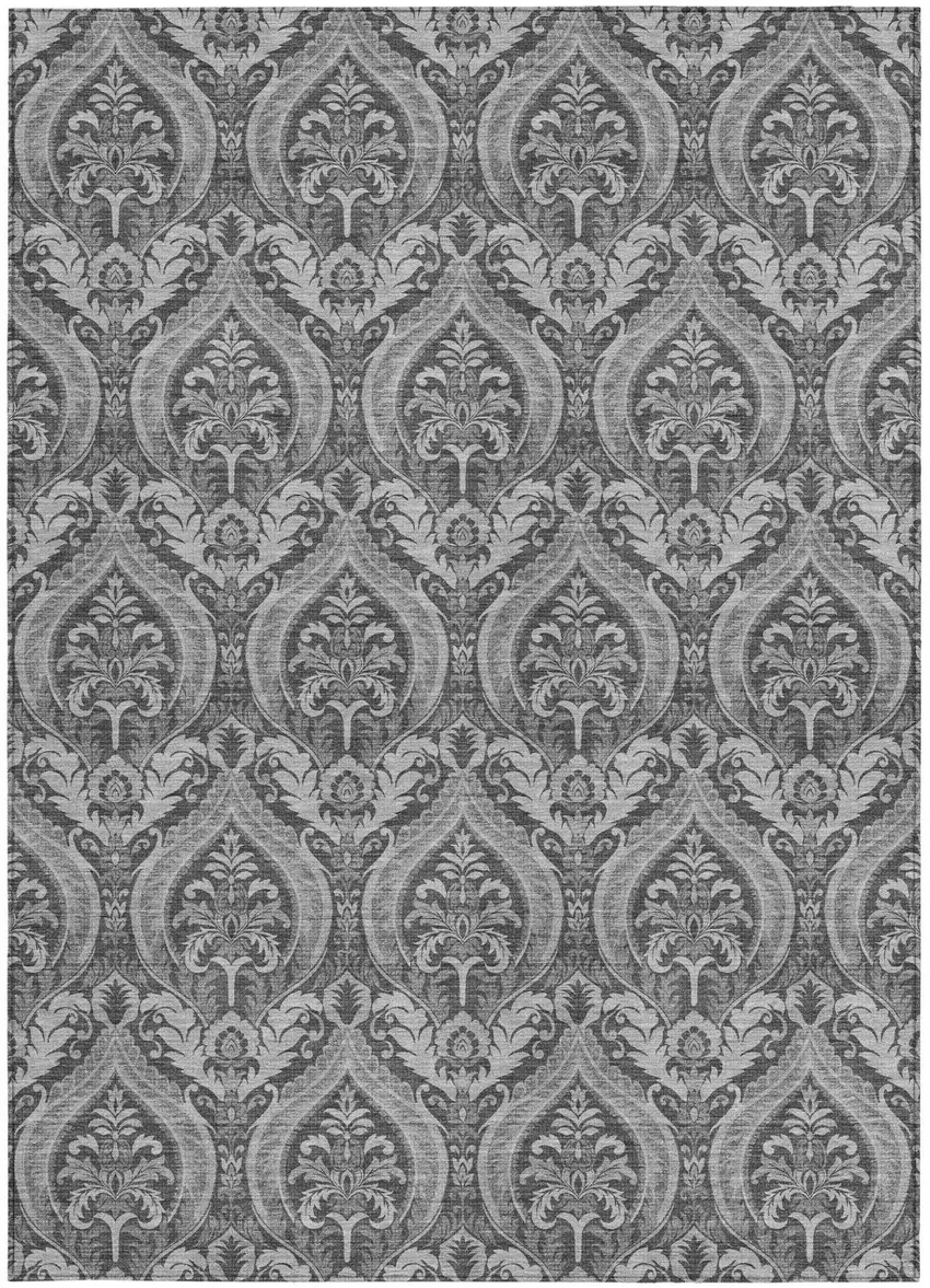 Gray Damask Washable Non Skid Indoor Outdoor Area Rug Photo 5