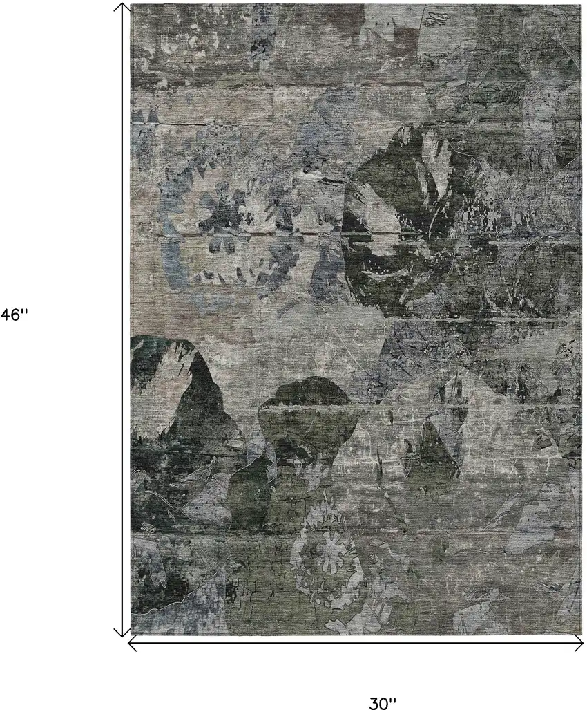 Gray Dark Green and Black Floral Washable Non Skid Indoor Outdoor Area Rug Photo 3