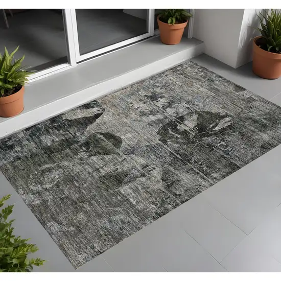 Gray Dark Green and Black Floral Washable Non Skid Indoor Outdoor Area Rug Photo 1
